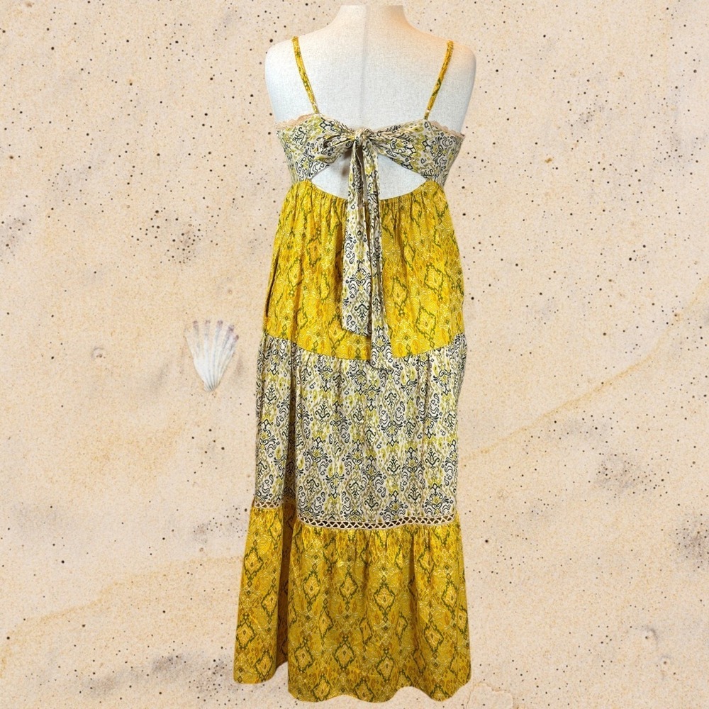 Francesca's 100% Cotton Boho Tiered Babydoll Maxi Dress M Tie Back Pockets - Picture 3 of 15